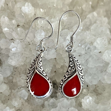 ER 15563 CR-(HANDMADE 925 BALI STERLING SILVER FILIGREE EARRINGS WITH CORAL)